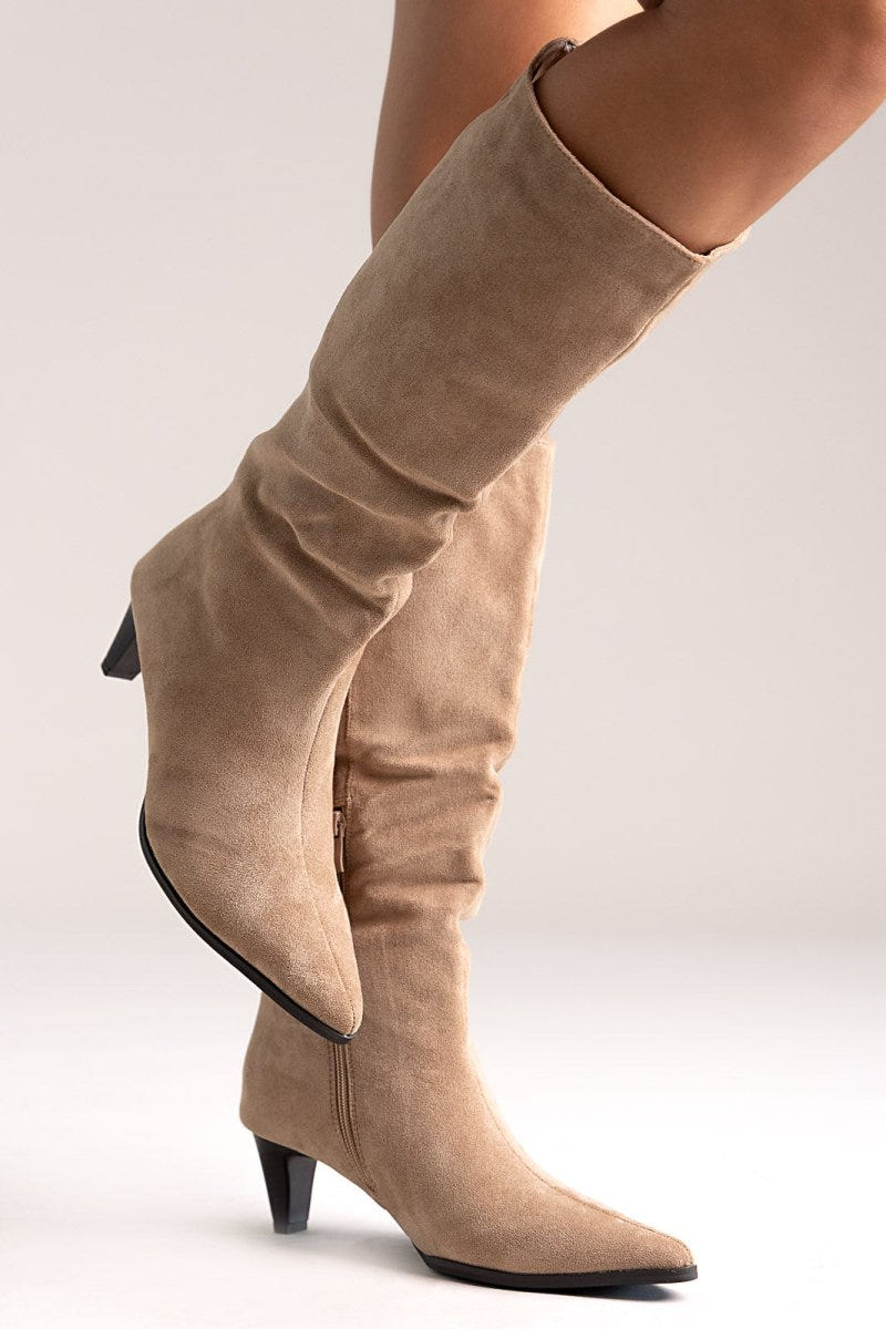 Pointed Suede Boots with Kitten Heel - Taupe Suede - thefashionproject.gr - Ideal shoes