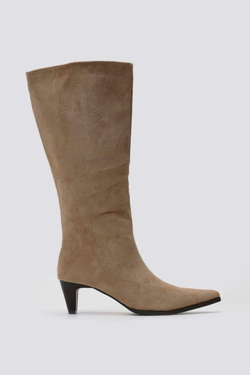 Pointed Suede Boots with Kitten Heel - Taupe Suede - thefashionproject.gr - Ideal shoes
