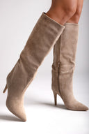 Pointed Suede Boots with Stiletto Heel - Taupe Suede - thefashionproject.gr - Ideal shoes