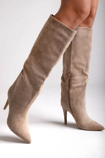 Pointed Suede Boots with Stiletto Heel - Taupe Suede - thefashionproject.gr - Ideal shoes