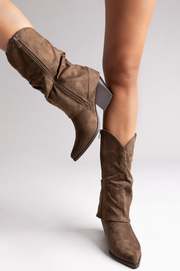 Pointed Suede Cowboy Mid - Calf Boots - Khaki Green Suede - thefashionproject.gr - BOTEGGA 22
