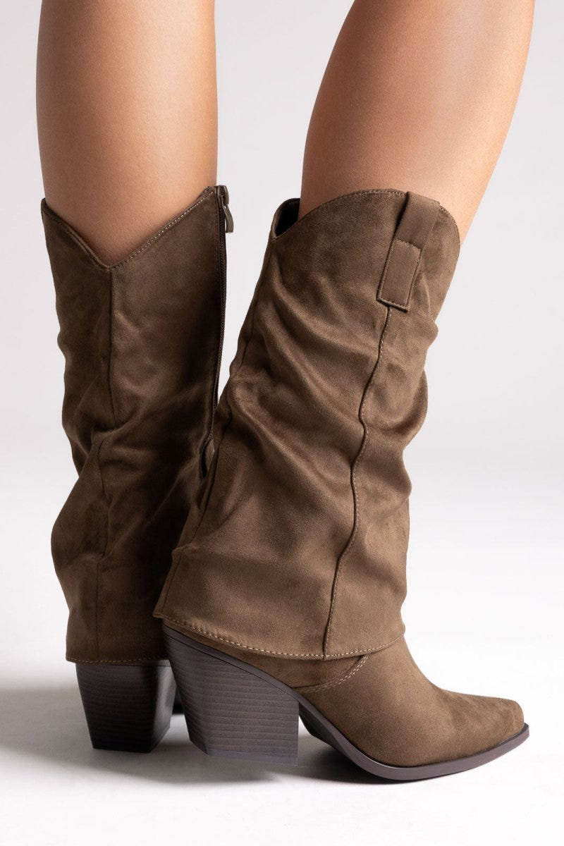 Pointed Suede Cowboy Mid - Calf Boots - Khaki Green Suede - thefashionproject.gr - BOTEGGA 22