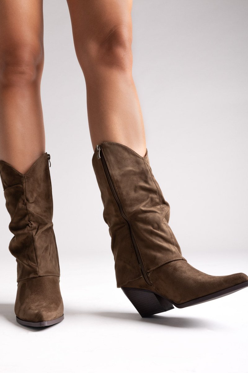 Μυτερά Μποτάκια Καουμπόικου Μέσης Γάμπας από Suede - Suede Χακί Πράσινο