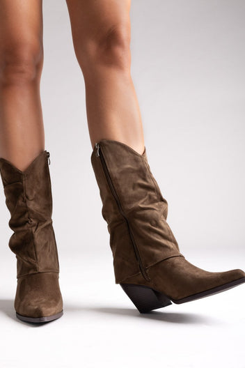 Pointed Suede Cowboy Mid - Calf Boots - Khaki Green Suede - thefashionproject.gr - BOTEGGA 22