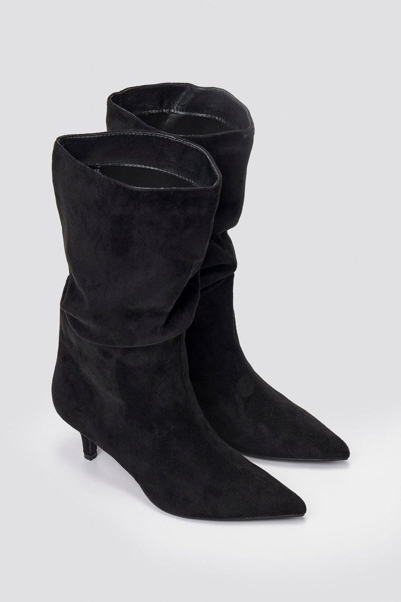 Pointed Suede Slouch Boots with Kitten Heel - Black Suede - thefashionproject.gr - Ideal shoes