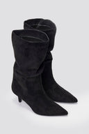 Pointed Suede Slouch Boots with Kitten Heel - Black Suede - thefashionproject.gr - Ideal shoes