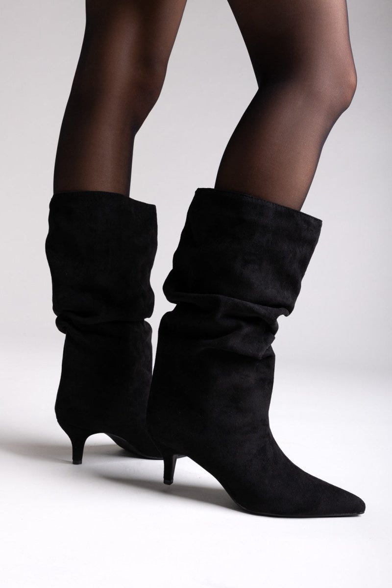 Pointed Suede Slouch Boots with Kitten Heel - Black Suede - thefashionproject.gr - Ideal shoes