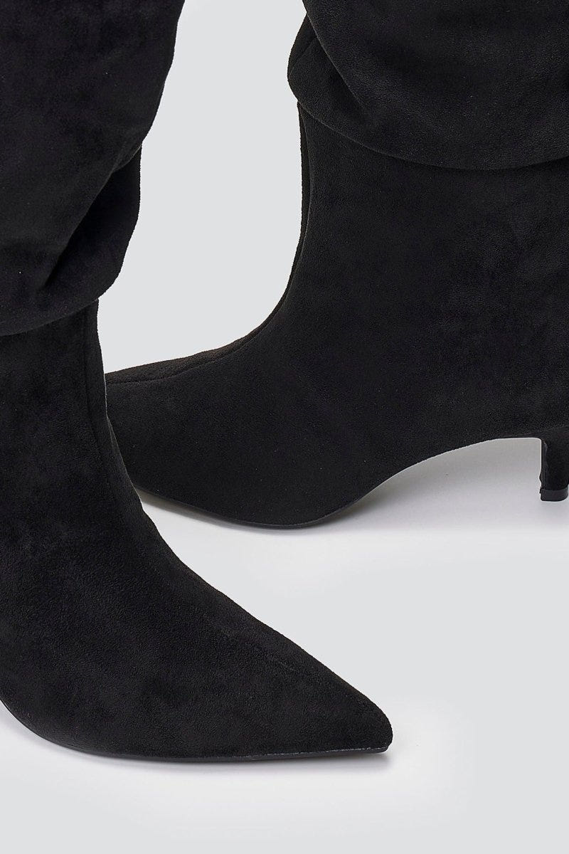 Pointed Suede Slouch Boots with Kitten Heel - Black Suede - thefashionproject.gr - Ideal shoes