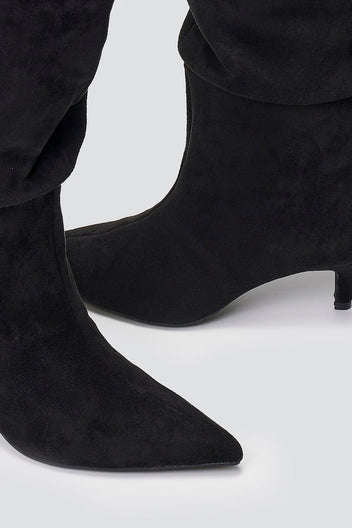 Pointed Suede Slouch Boots with Kitten Heel - Black Suede - thefashionproject.gr - Ideal shoes