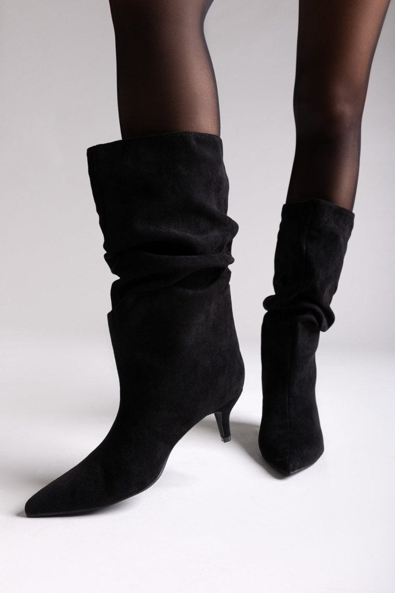 Pointed Suede Slouch Boots with Kitten Heel - Black Suede - thefashionproject.gr - Ideal shoes
