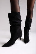 Pointed Suede Slouch Boots with Kitten Heel - Black Suede - thefashionproject.gr - Ideal shoes