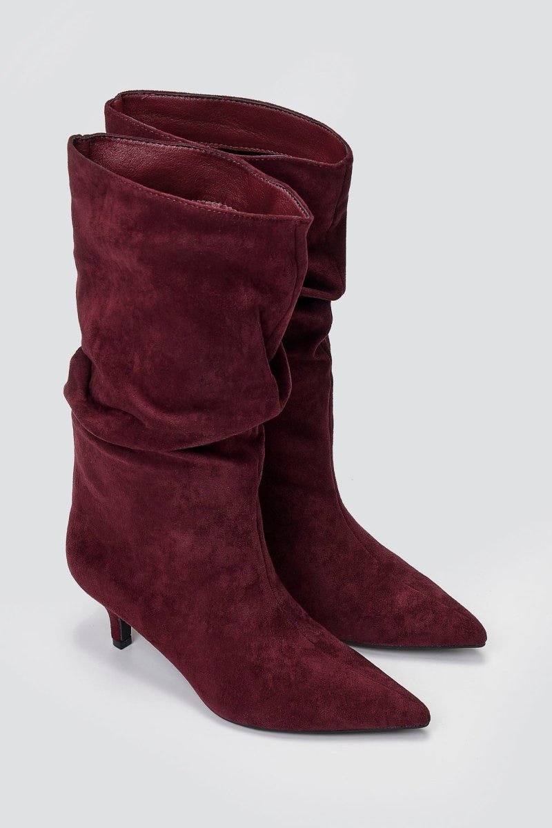 Pointed Suede Slouch Boots with Kitten Heel - Burgundy Suede - thefashionproject.gr - Ideal shoes