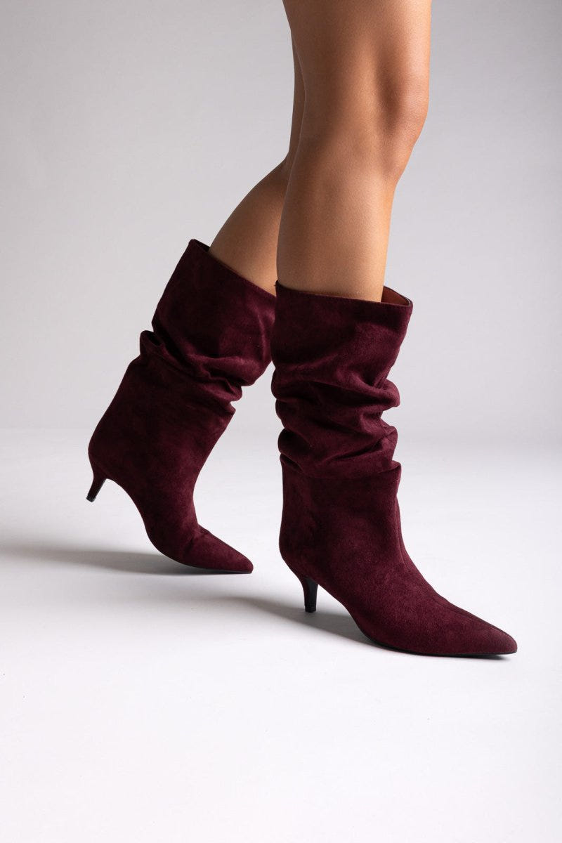 Pointed Suede Slouch Boots with Kitten Heel - Burgundy Suede - thefashionproject.gr - Ideal shoes
