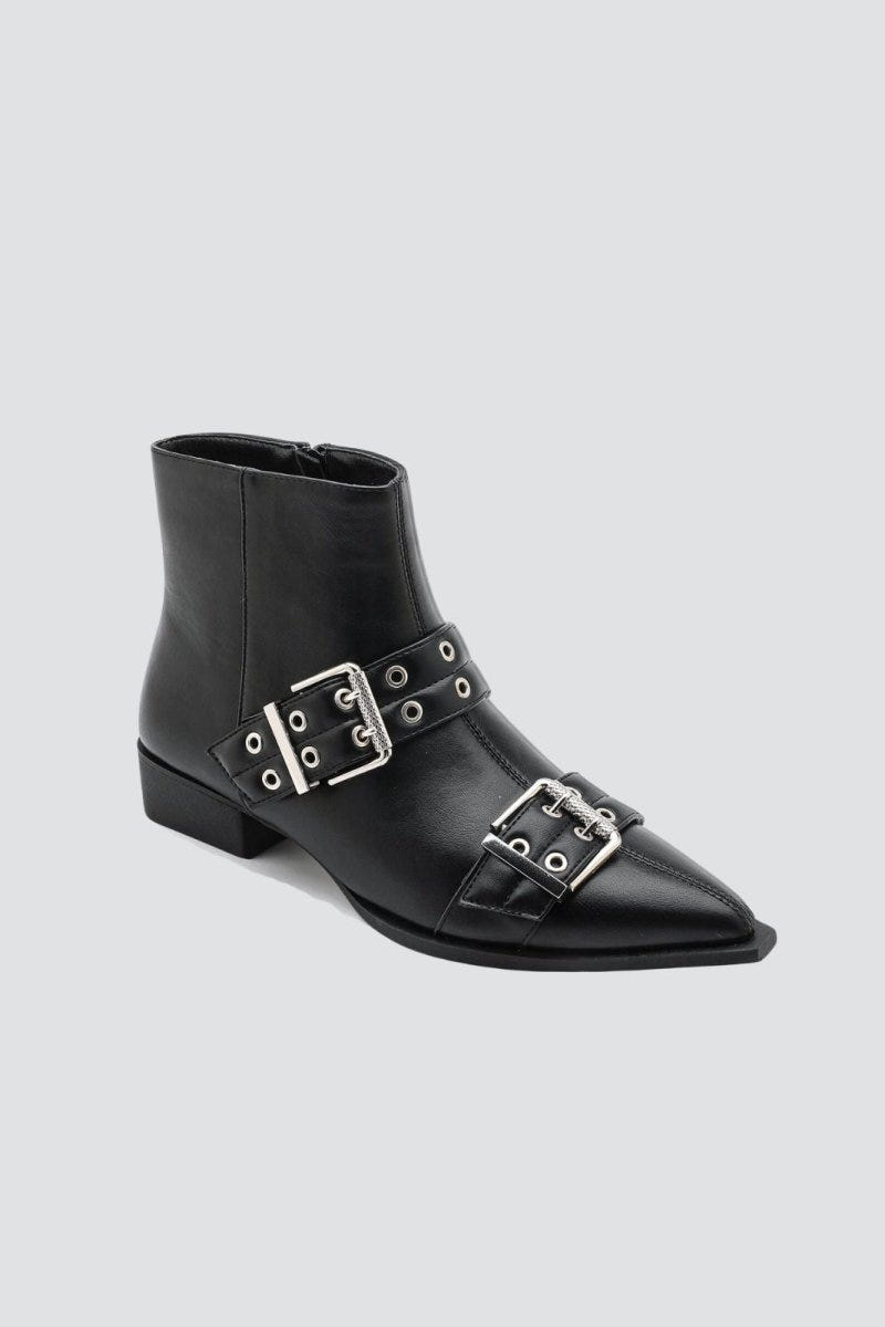 Pointed Toe Ankle Boots Buckle Detail - Black Matte - thefashionproject.gr - Ideal shoes