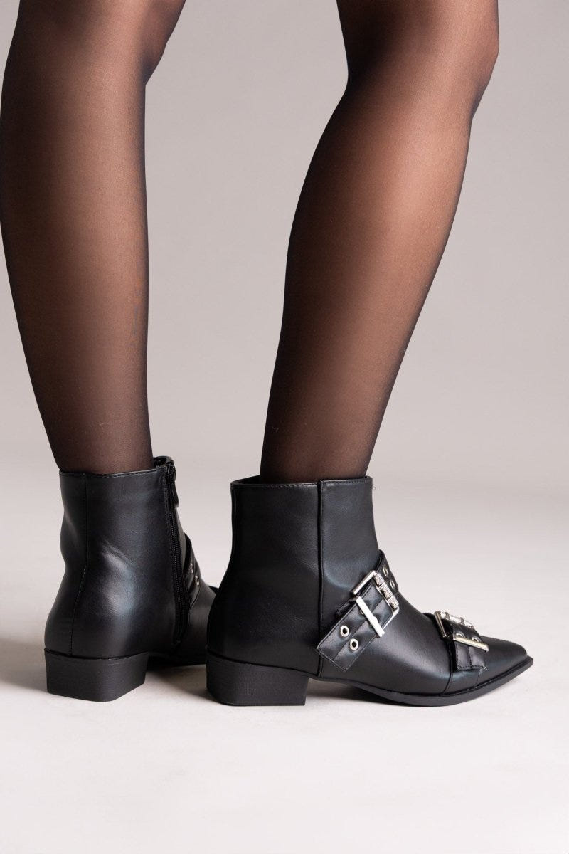 Pointed Toe Ankle Boots Buckle Detail - Black Matte - thefashionproject.gr - Ideal shoes