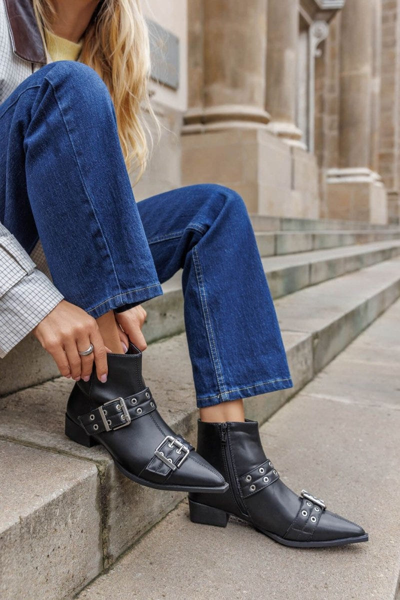 Pointed Toe Ankle Boots Buckle Detail - Black Matte - thefashionproject.gr - Ideal shoes