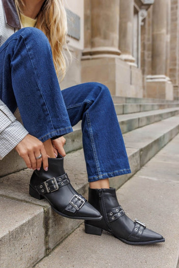 Pointed Toe Ankle Boots Buckle Detail - Black Matte - thefashionproject.gr - Ideal shoes