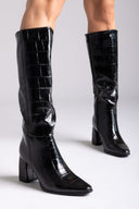 Pointed Toe Boots Block Heel - Black Croc - thefashionproject.gr - Ideal shoes