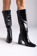 Pointed Toe Boots Block Heel - Black Croc - thefashionproject.gr - Ideal shoes