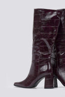 Pointed Toe Boots Block Heel - Burgundy Croc - thefashionproject.gr - Ideal shoes