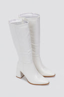 Pointed Toe Boots Block Heel - White Croc - thefashionproject.gr - Ideal shoes