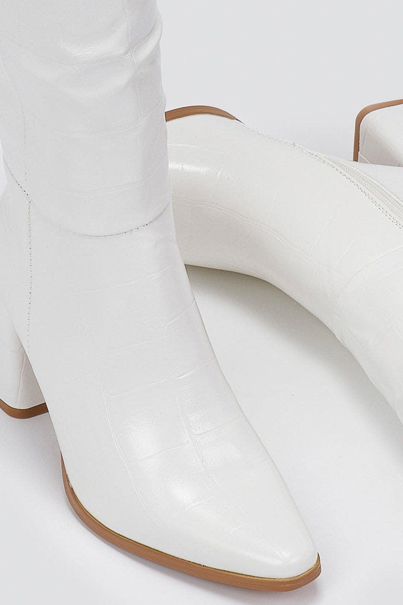 Pointed Toe Boots Block Heel - White Croc - thefashionproject.gr - Ideal shoes