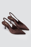 CORINA - Pointed Toe Slingback Heels - Brown Satin