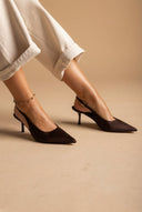 CORINA - Pointed Toe Slingback Heels - Brown Satin