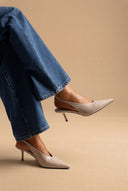 CORINA - Pointed Toe Slingback Kitten Heels - Beige Crinkled Patent
