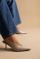 CORINA - Pointed Toe Slingback Kitten Heels - Beige Crinkled Patent