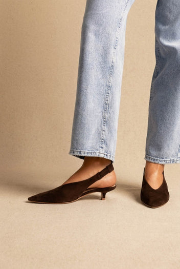 CORINA - Pointed Toe Slingback Kitten Heels - Brown Suede