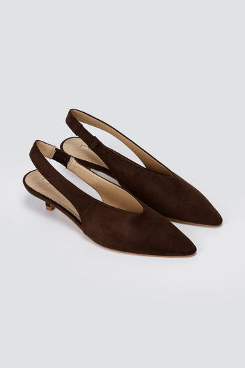 CORINA - Pointed Toe Slingback Kitten Heels - Brown Suede