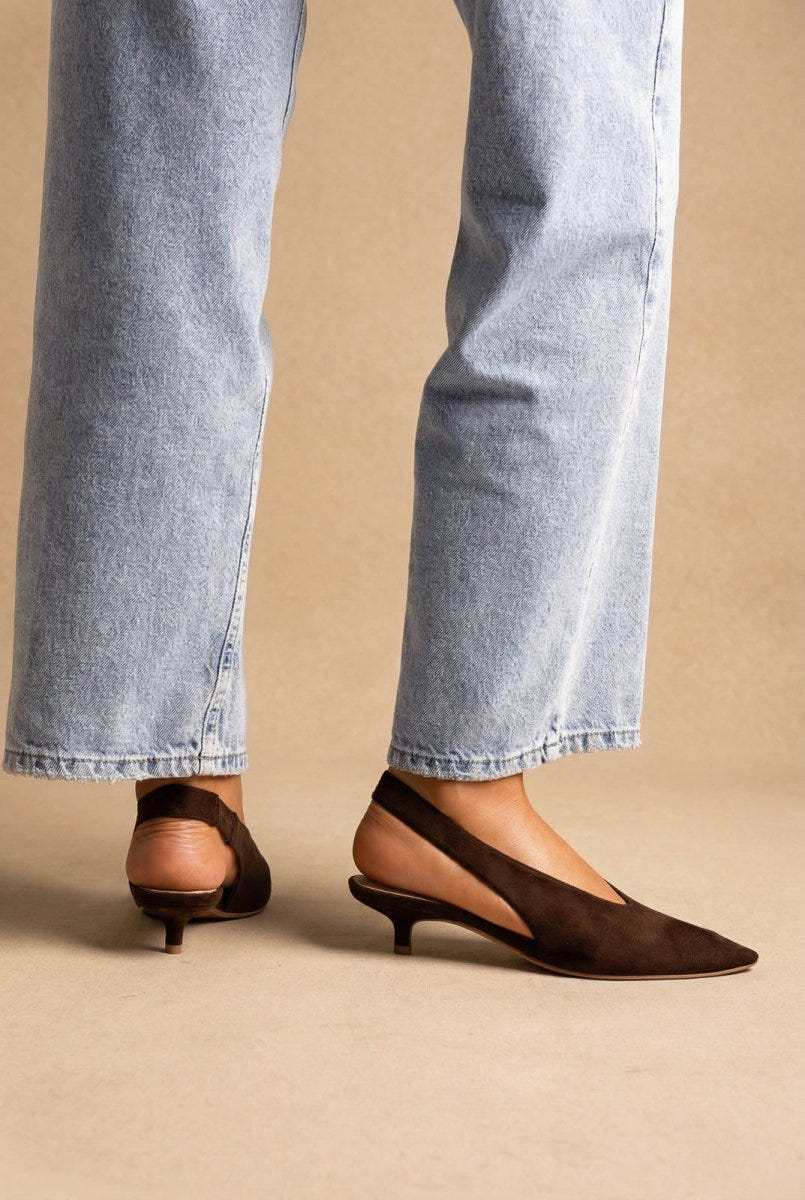 CORINA - Pointed Toe Slingback Kitten Heels - Brown Suede