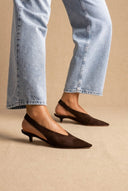 CORINA - Pointed Toe Slingback Kitten Heels - Brown Suede
