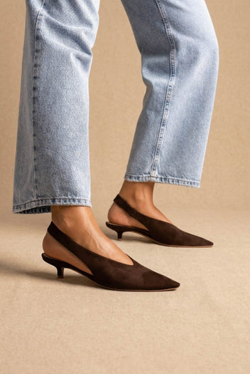 CORINA - Pointed Toe Slingback Kitten Heels - Brown Suede