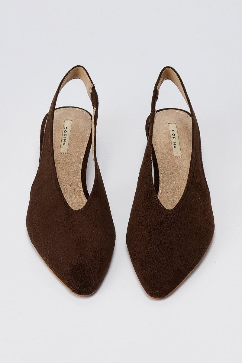 CORINA - Pointed Toe Slingback Kitten Heels - Brown Suede