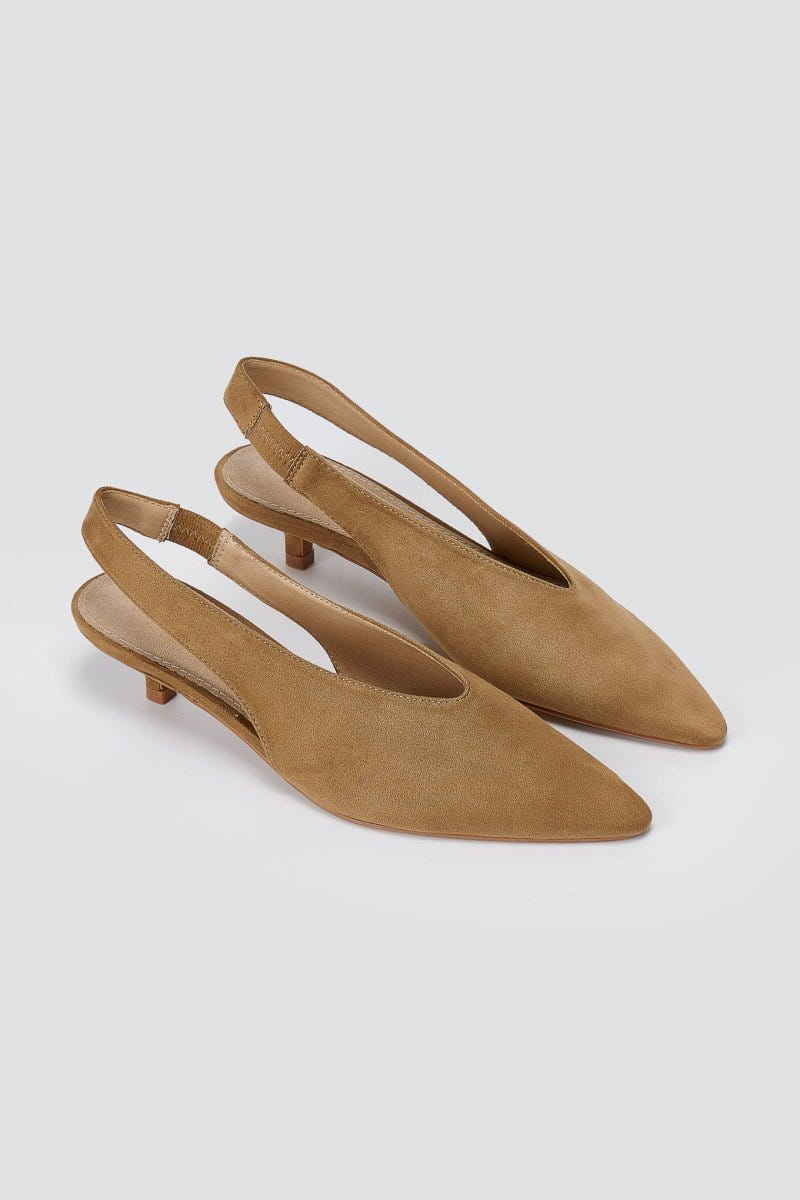 CORINA - Pointed Toe Slingback Kitten Heels - Camel Suede