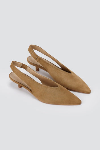 CORINA - Pointed Toe Slingback Kitten Heels - Camel Suede