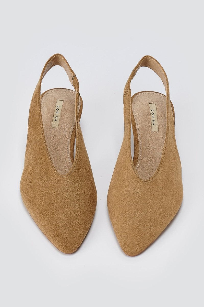 CORINA - Pointed Toe Slingback Kitten Heels - Camel Suede