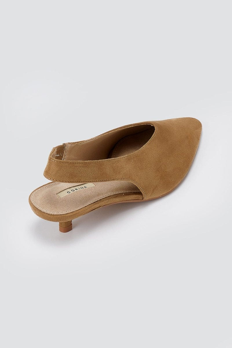 CORINA - Pointed Toe Slingback Kitten Heels - Camel Suede