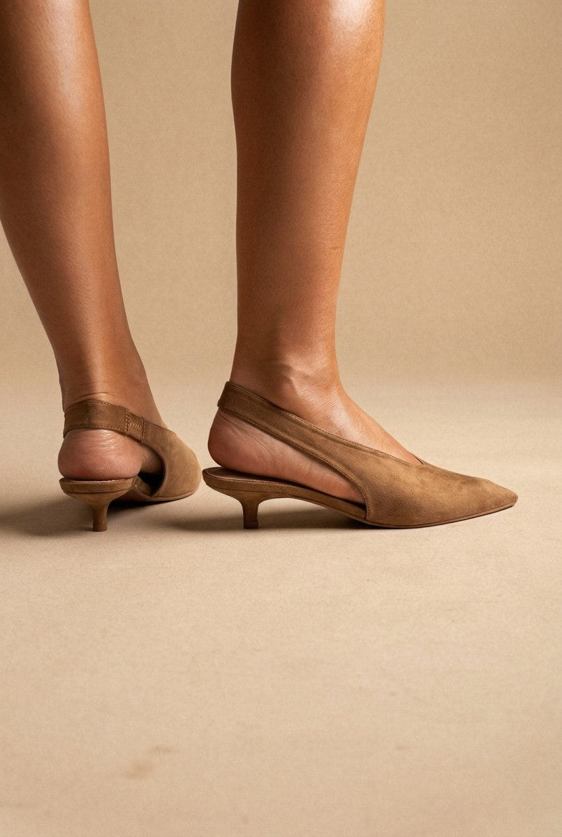 CORINA - Pointed Toe Slingback Kitten Heels - Camel Suede