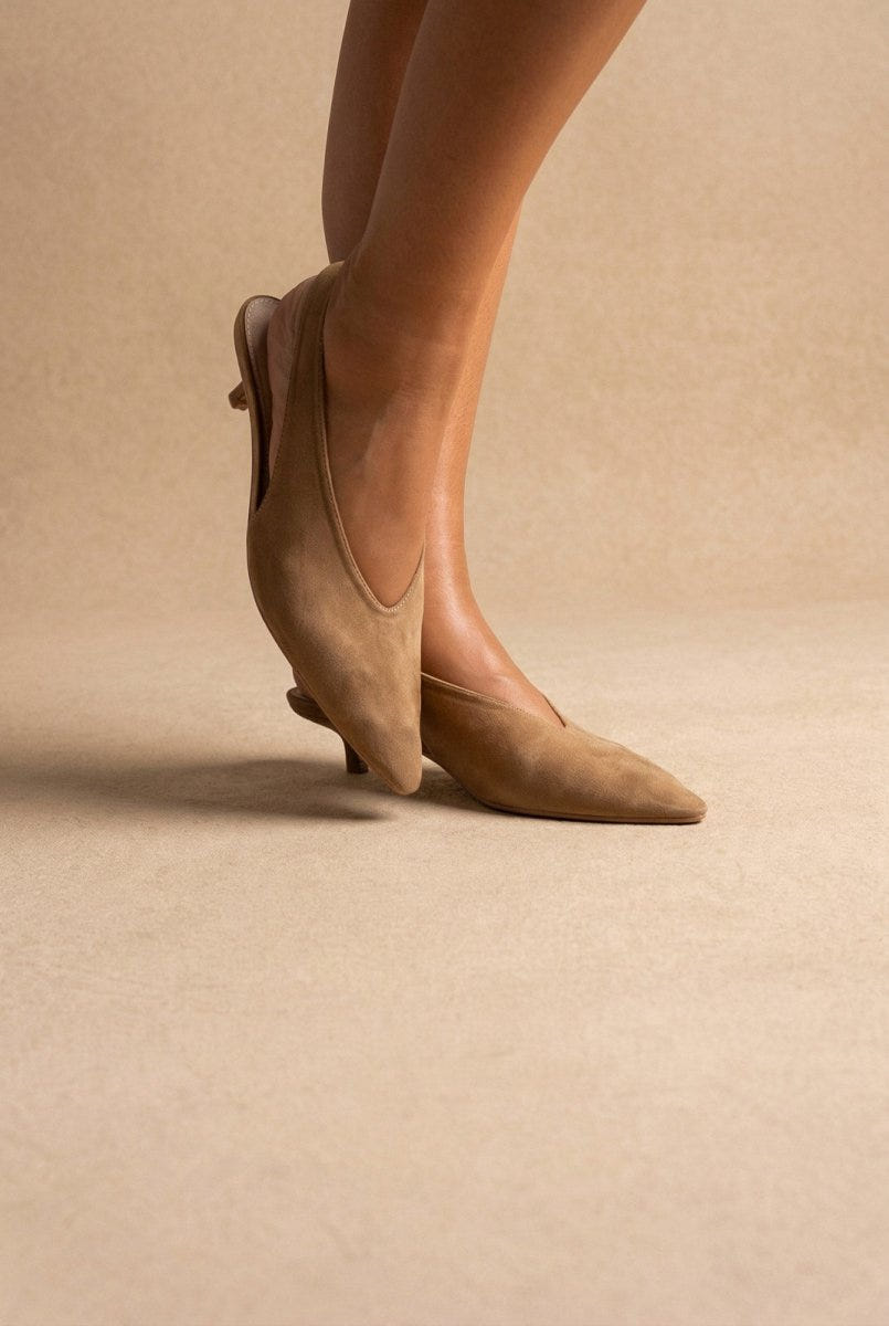 CORINA - Pointed Toe Slingback Kitten Heels - Camel Suede