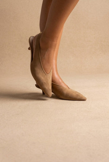 CORINA - Pointed Toe Slingback Kitten Heels - Camel Suede