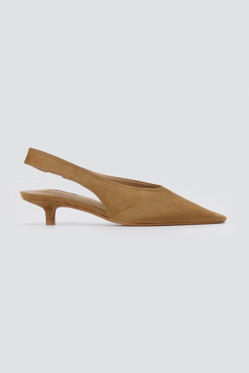 CORINA - Pointed Toe Slingback Kitten Heels - Camel Suede