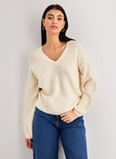 Πουλόβερ crop με v cut λαιμόκοψη ONLY 15294086 - Μπεζ - thefashionproject.gr - ONLY