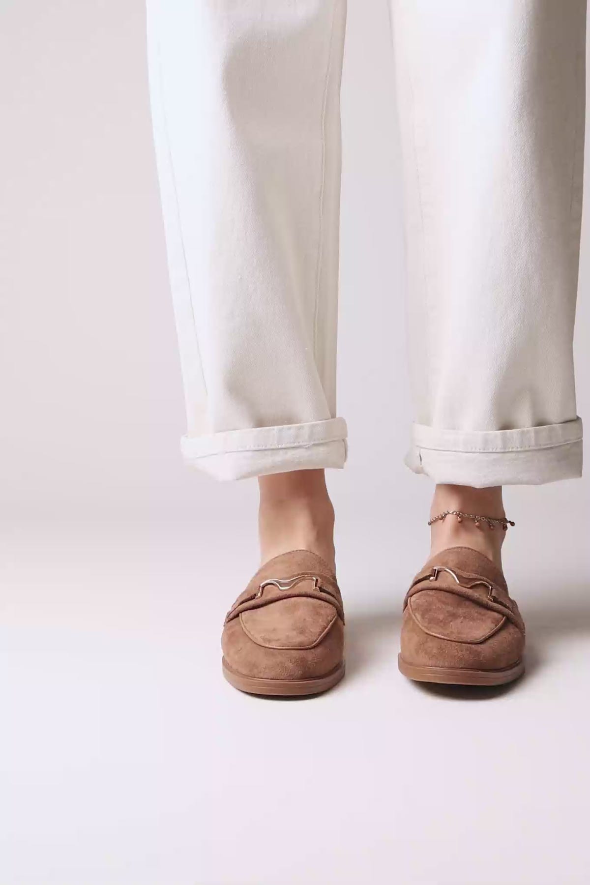 Flat Mules with Metal Detail - Tan Suede