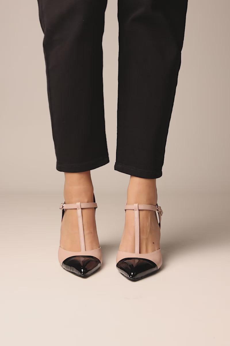 Stiletto Pumps T-Strap Pointed Toe - Nude Black Patent