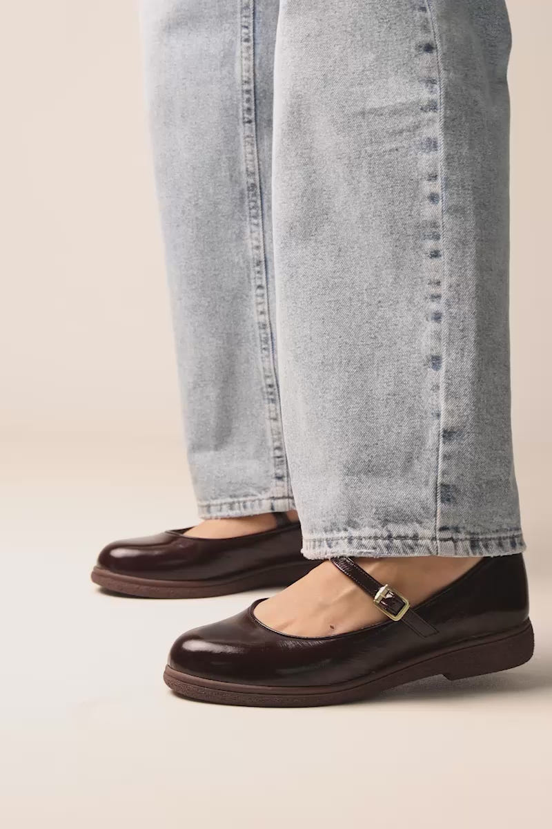 Mary Jane Flats Patent Ankle Strap - Brown Patent