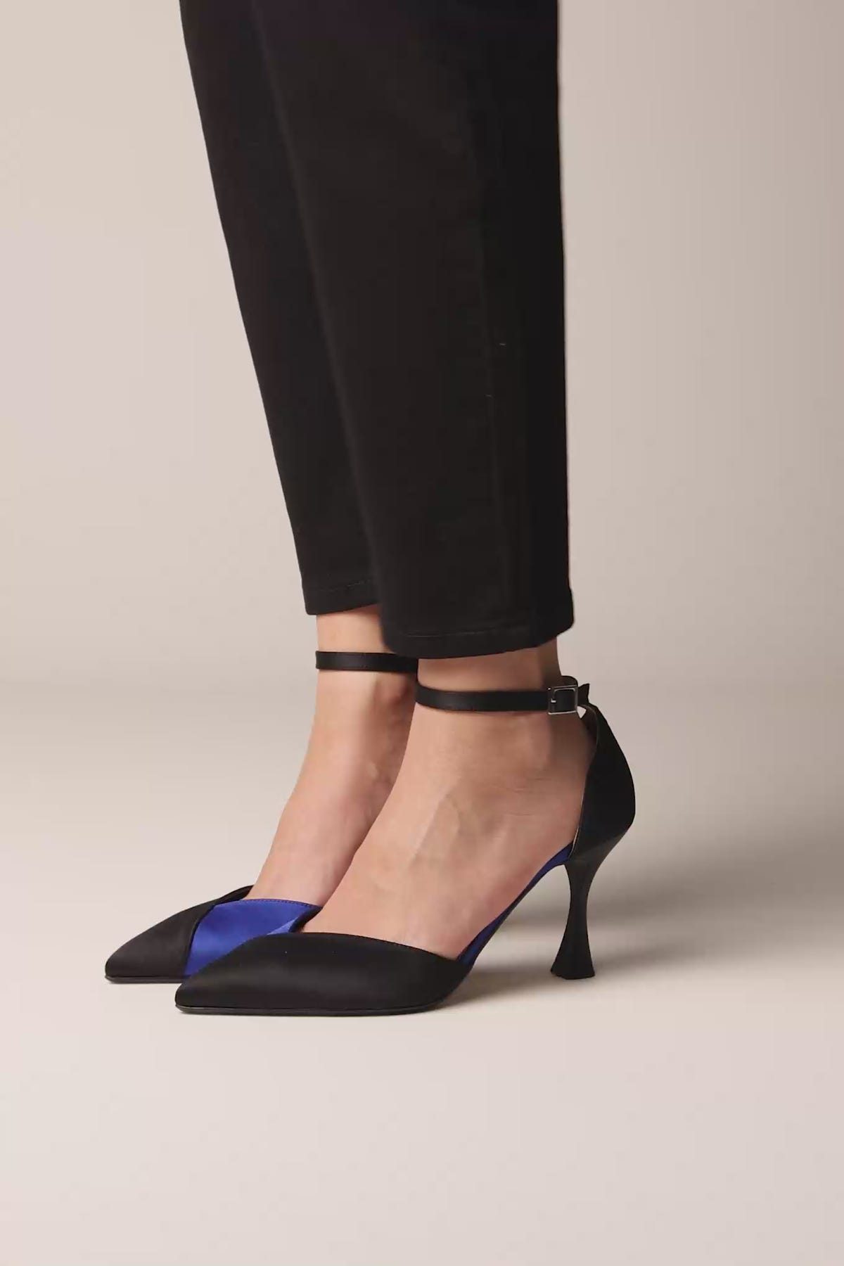 Stiletto Pointed Toe Pumps - Black/Royal Blue Satin