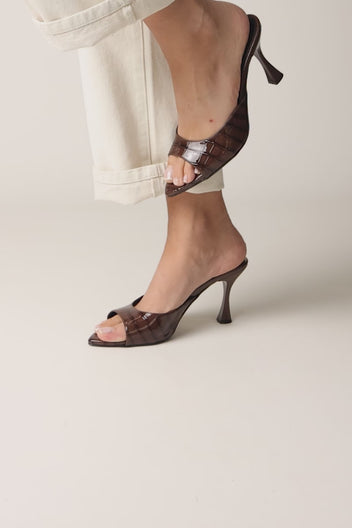 Stiletto Heel Mules Croc Patent - Brown Croc Patent